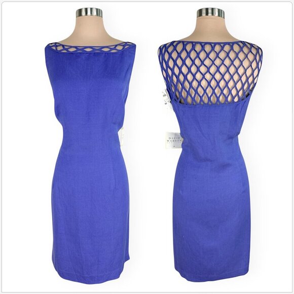 David Warren Perwinkle Linen Rayon Cage Cutout Back Neck Sheath Dress NWT New 14 - Picture 1 of 5